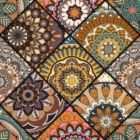 Patchwork pattern. Vintage decorative elements. Hand drawn background. Islam, Arabic, Indian, ottoman motifs. Perfect for printing on fabric or paper.のイラスト素材
