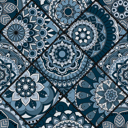 Patchwork pattern. Vintage decorative elements. Hand drawn background. Islam, Arabic, Indian, ottoman motifs. Perfect for printing on fabric or paper.のイラスト素材