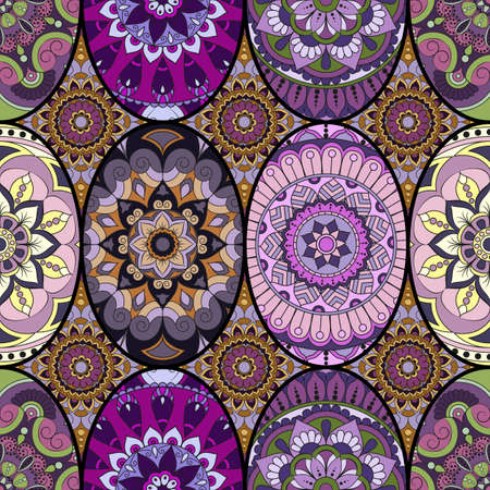 Seamless pattern tile with mandalas. Vintage decorative elements. Hand drawn background. Islam, Arabic, Indian, ottoman motifs. Perfect for printing on fabric or paper.のイラスト素材