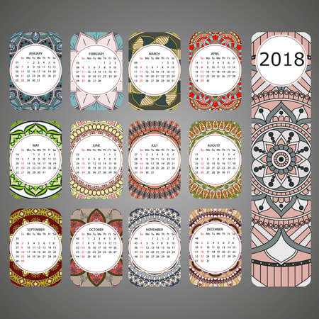 Vector calendar 2018 with decorative elements. Vector mandala design. Template can be used for web and print design.のイラスト素材