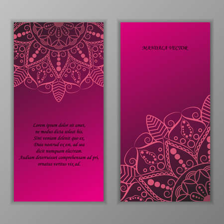 Vector vintage visiting card set. Floral mandala pattern and ornaments. Oriental design Layout. Islam, Arabic, Indian, ottoman motifs. Front page and back page.のイラスト素材