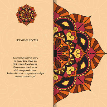 Indian style colorful ornate mandala card. Ornamental blank with ethnic motifs. Oriental graphic design concept.のイラスト素材