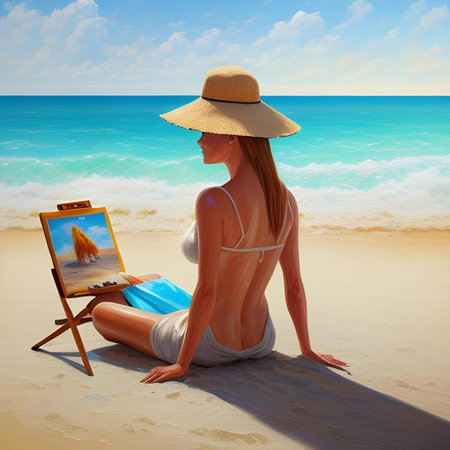 a girl is sitting on the beach by the seaの素材