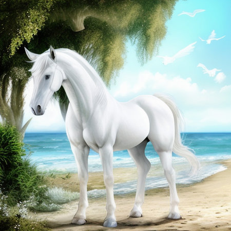 beautiful white horse on the seashoreの素材