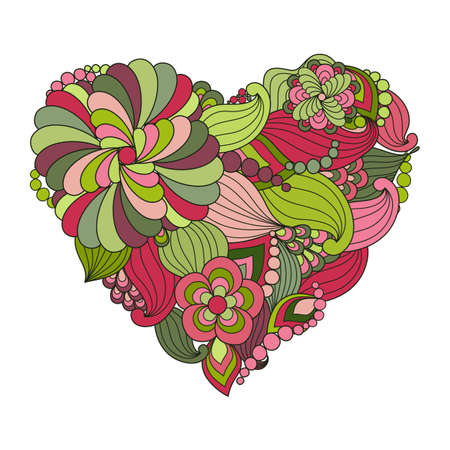 The drawn heart with flowers and plants for Valentine's Day or weddings. Vector natural element in trendy doodle style for holiday.のイラスト素材