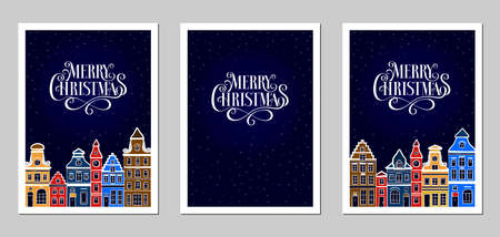 Christmas and New year. Old European town. Holiday cityscape. Winter urban landscape. Ð¡olorful old houses. Cartoon buildings. Set of greeting cards, postcards, templates, frames, covers, posters.のイラスト素材