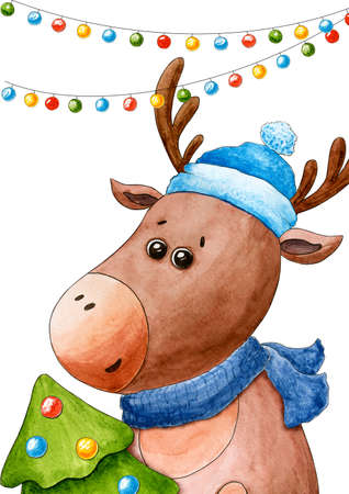 New year's postcard with deer. Christmas and New year. Watercolor cartoon animal. Cute character. Hand drawn illustration. Christmas tree. Greeting cardの写真素材