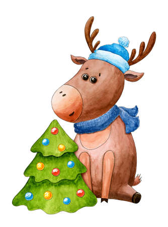 New year's postcard with deer. Christmas and New year. Watercolor cartoon animal. Cute character. Hand drawn illustration. Christmas tree. Greeting cardの写真素材