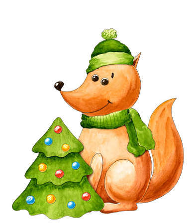 New year's postcard with fox. Christmas and New year. Watercolor cartoon animal. Cute character. Hand drawn illustration. Christmas tree. Greeting cardの写真素材