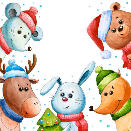 New year's postcard with mouse, hare, fox, bear, deer. Christmas and New year. Watercolor cartoon animals. Cute character. Symbol 2021. Hand drawn toys. Christmas tree. Greeting cardの写真素材