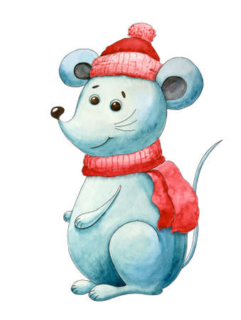 New year's postcard with rat. Christmas and new year. Watercolor cartoon mouse. Cute character. 2021. Hand drawn illustration. Greeting card, postcardの写真素材