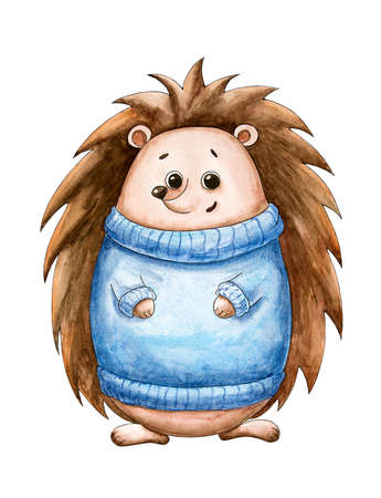 New year's postcard with hedgehog. Christmas and new year. Watercolor cartoon animal. Cute character. Hand drawn illustration. Greeting card, postcardの写真素材