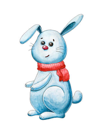 New year's postcard with rabbit. Christmas and new year. Watercolor cartoon leveret. Cute character. Hand drawn illustration. Greeting card, postcardの写真素材