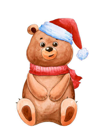 New year's postcard with bear. Christmas and new year. Watercolor cartoon bear cub. Cute character. Hand drawn illustration. Greeting card, postcardの写真素材