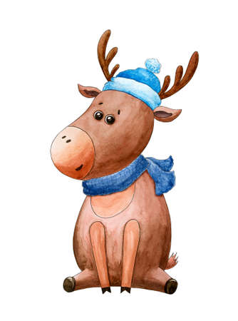 New year's postcard with deer. Christmas and New year. Watercolor cartoon animal. Cute character. Hand drawn illustration. Greeting card, postcardの写真素材