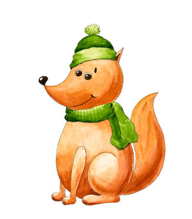 New year's postcard with fox. Christmas and New year. Watercolor cartoon animal. Cute character. Hand drawn illustration. Greeting card, postcardの写真素材