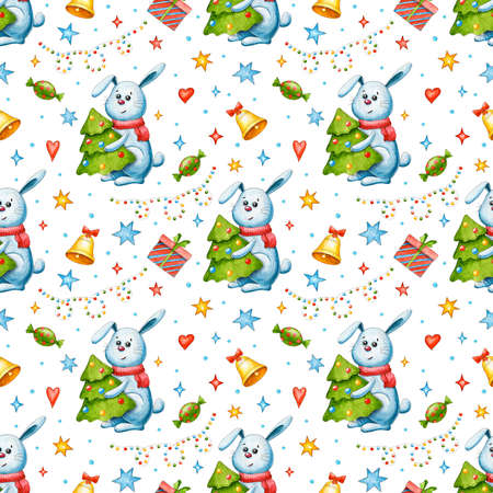 New year's seamless pattern with rabbit, bear, stars, gift, toys. Christmas and new year. Watercolor cartoon animals. Hand drawn background. Christmas gift. Greeting cardの写真素材
