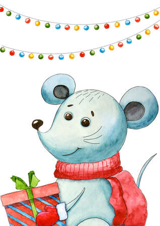 New year's postcard with rat. Christmas and new year. Watercolor cartoon mouse. Cute character. Symbol 2021. Hand drawn illustration. Christmas gift. Greeting card. Postcard, background, templateの写真素材