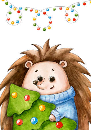 New year's postcard with hedgehog. Christmas and new year. Watercolor cartoon animal. Cute character. Hand drawn illustration. Christmas tree. Greeting cardの写真素材