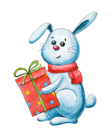 New year's postcard with rabbit and gift. Christmas and new year. Watercolor cartoon leveret. Cute character. Hand drawn illustration. Greeting card, postcardの写真素材