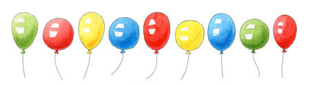 Set of watercolor birthday air balloons for greeting card, background, postcard, invitation, cover, wallpaper. Hand drawn cute air balls for holiday, party. Cartoon collection for congratulations.の写真素材