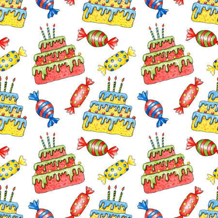Birthday seamless pattern with watercolor cakes for greeting card, background, postcard, invitation, cover, wallpaper. Hand drawn cute sweets for holiday, party. Textile printの写真素材