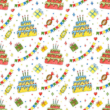 Birthday seamless pattern with watercolor cakes for greeting card, background, postcard, invitation, cover, wallpaper. Hand drawn cute sweets for holiday, party. Textile printの写真素材