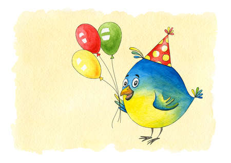 Birthday postcard with bird and air balloon. Watercolor cartoon hero for party. Cute character for background, postcard, invitation. Hand drawn illustration. Greeting card, congratulationの写真素材