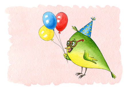 Birthday postcard with bird and air balloon. Watercolor cartoon hero for party. Cute character for background, postcard, invitation. Hand drawn illustration. Greeting card, congratulationの写真素材