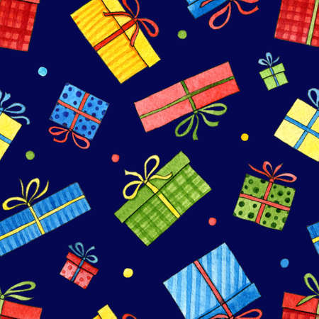 Birthday seamless pattern with watercolor gifts for greeting card, background, postcard, invitation, cover, wallpaper. Hand drawn cute presents for holiday, party. Textile printの写真素材