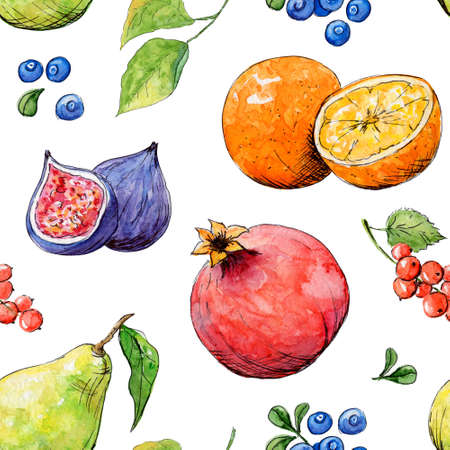 Seamless pattern with watercolor ripe fruits, berries. Hand drawn illustration. Bright summer orange, blueberries, pear, fig, garnet, leaves for holiday and party, birthday postcard, greeting cardの写真素材