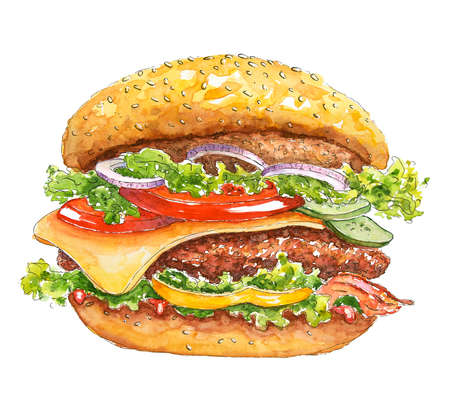 Watercolor burger. Beef hamburger with steak, cheese, bacon, salad and vegetables. Hand drawn illustration with fast food. Bright watercolor stains. Paint texture.の写真素材