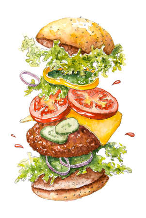 Watercolor flying burger. Beef hamburger with steak, cheese, bacon, salad and vegetables. Hand drawn illustration with fast food. Bright watercolor stains. Paint texture.の写真素材
