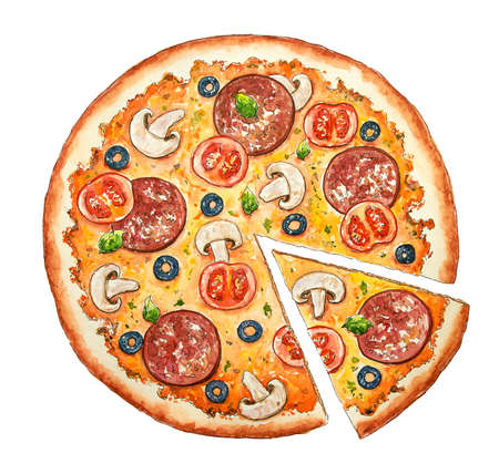 Watercolor Italian pizza. Illustration for menu. Beef snack with salami, olive, sausage, cheese, mushroom, bacon and vegetables. Hand drawn fast food. Design for pizzeria, cafe and restaurant.の写真素材