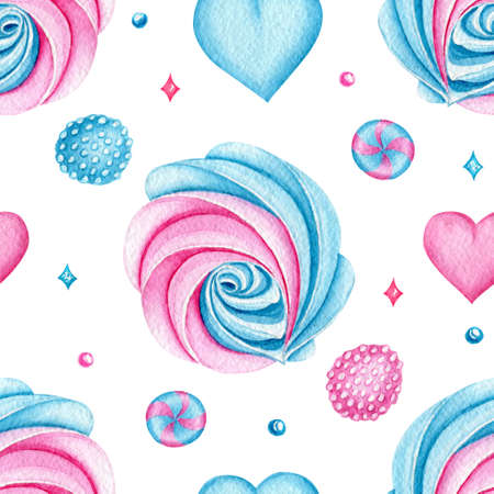 Seamless pattern with Watercolor Candies, Hearts. Bright Sweets for Birthday postcard, Greeting card. Background for holiday and party. Textile print. Artistic design with food for cafe. Freehand drの写真素材