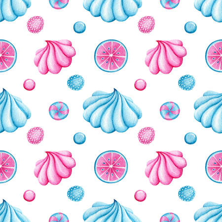Seamless pattern with Watercolor cupcakes. Bright Sweets for Birthday postcard, Greeting card. Background for holiday and party. Textile print. Artistic design with food for cafe. Freehand drawing.の写真素材