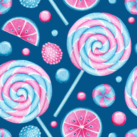 Seamless pattern with Watercolor Lollipop. Bright Sweets for Birthday postcard, Greeting card. Background for holiday and party. Textile print. Artistic design with food for cafe. Freehand drawing.の写真素材