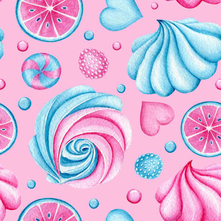 Seamless pattern with Watercolor cupcakes. Bright Sweets for Birthday postcard, Greeting card. Background for holiday and party. Textile print. Artistic design with food for cafe. Freehand drawing.の写真素材