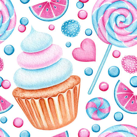 Seamless pattern with Watercolor cupcakes and lollipop. Bright Sweets for Birthday postcard, Greeting card. Background for holiday and party. Textile print. Artistic design with food for cafe. Freehの写真素材