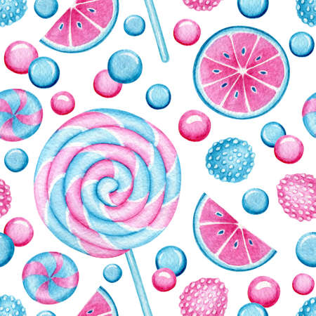 Seamless pattern with Watercolor Lollipop. Bright Sweets for Birthday postcard, Greeting card. Background for holiday and party. Textile print. Artistic design with food for cafe. Freehand drawing.の写真素材