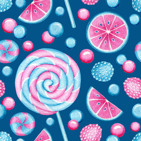 Seamless pattern with Watercolor Lollipop. Bright Sweets for Birthday postcard, Greeting card. Background for holiday and party. Textile print. Artistic design with food for cafe. Illustrationの写真素材