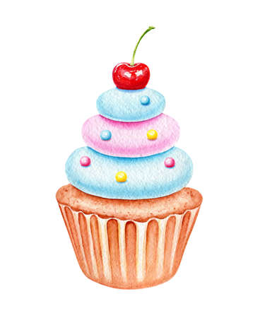 Watercolor cupcake with berries. Sweet for Birthday postcard Greeting card. Dessert for holiday and party. Hand drawn illustration for menu. Artistic design with food for cafe. Freehand drawing.の写真素材