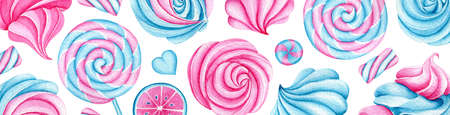 Banner with watercolor candies, cupcake, lollipop. Bright sweets for Birthday background, Greeting card. Dessert for holiday and party. Hand drawn illustration. Artistic design with food for cafe.の写真素材