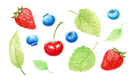 Set of Watercolor ripe strawberry, cherry, blueberries, bilberry, leaves. Bright summer berries for Birthday postcard, Greeting card, Background. Dessert for holiday and party. Hand drawn illustrationの写真素材
