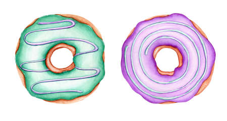 Set of Watercolor donuts. Bright Sweets for Birthday postcard, Greeting card. Dessert for holiday and party. Hand drawn illustration. Artistic design with food for cafe. Freehand drawing.の写真素材