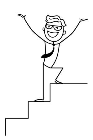 Business concept for web design. Businessman taking part in business activity. Outline of a vector funny, illustration. Entrepreneur successfully solved the problem, has reached the goal. Man is happyのイラスト素材