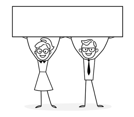 People working, making a presentation, developing ideas, taking part in business activities. Teamwork. Concept for web design. Outline of a vector illustration with space for text. Doodle style.のイラスト素材