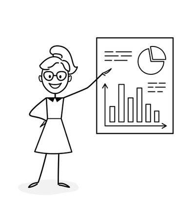 Businesswoman working, making a presentation, developing ideas, taking part in business activities. Online learning. Business plan. Concept for web design. Outline of a vector illustration. Doodleのイラスト素材