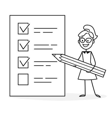 Businesswoman working, making a presentation, developing ideas, taking part in business activities. Online learning. Business plan. Concept for web design. Outline of a vector illustration. Doodleのイラスト素材