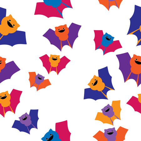 Vector seamless pattern of cute multicolored vampire bats on white background.のイラスト素材